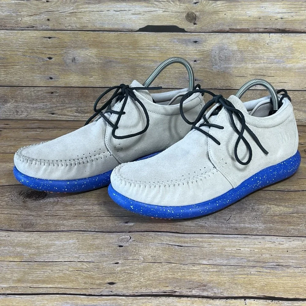 Worldboots Sz‎ 11 Mens Moccasin Sneakers 100% Leather Suede Taupe and Royal Blue
